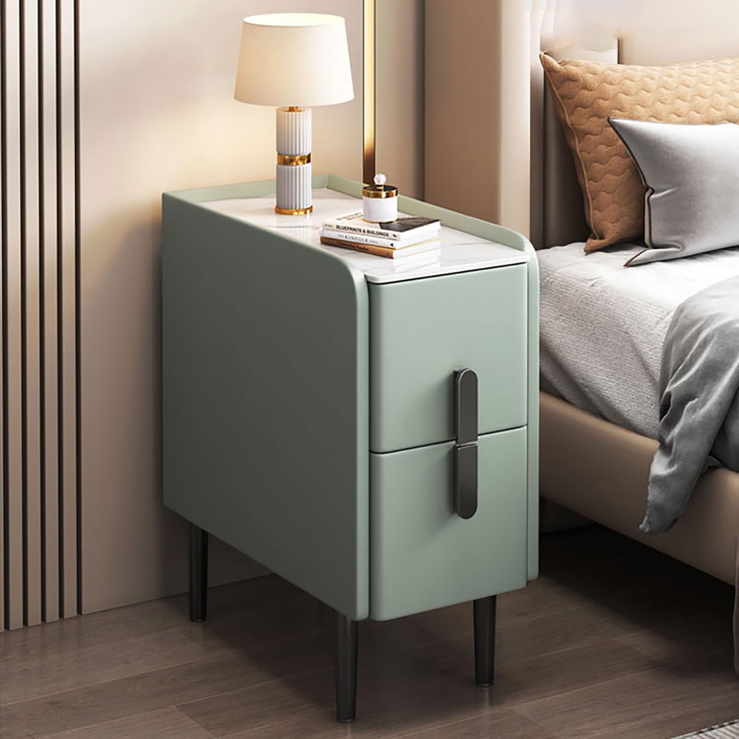 MTSYXYM Fashion Assemble Storage Cabinet,Double Drawer Nightstand,wood nightstand with drawers,w/2 Drawers,with Tapered Legs,for Bedroom, Living Room & Hallway. (Color : Green, Size : 25x40x50cm)