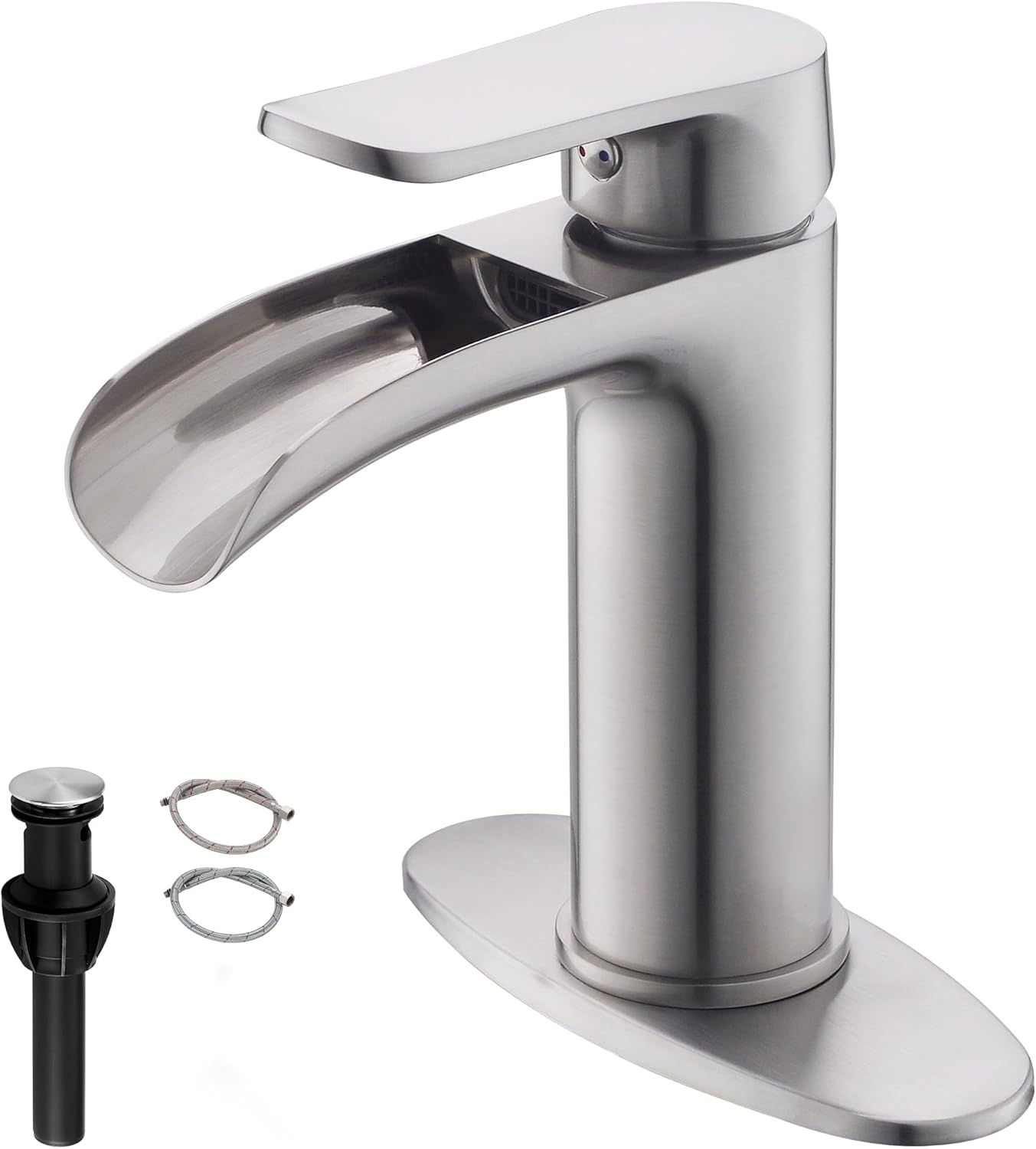 BRAVEBAR Brushed Nickel Waterfall Bathroom Faucet - 4Inch Single Hole Bathroom Faucets Solid ...