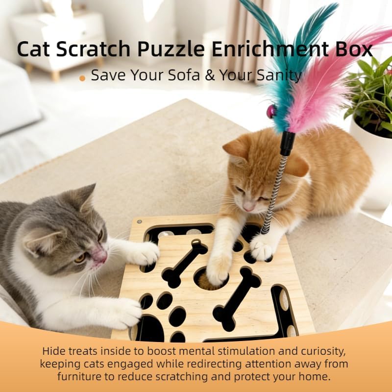 Cat Nail File Scratch Enrichment Box Enrichment Puzzle Toy for Indoor Cats Interactive Cat Scratch Puzzle Enrichment Box Toy with Sandpaper and Bell Ball, Nail File Stress for Cats thumbnail