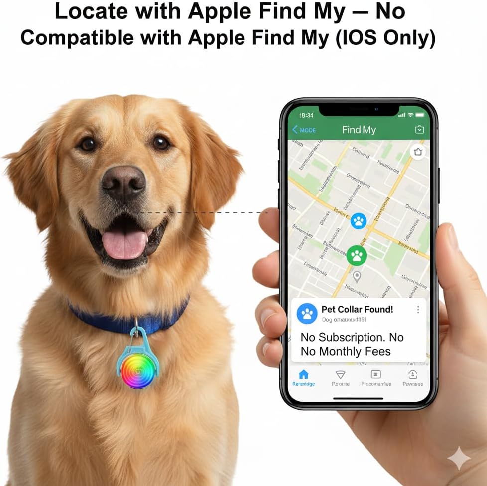 2-in-1 Dog Location Tracker Light Compatible with Apple Find My (iOS Only), Waterproof LED Dog Collar Light, 4 Light Modes, Dual Safety Protection, No Subscription (Blue)