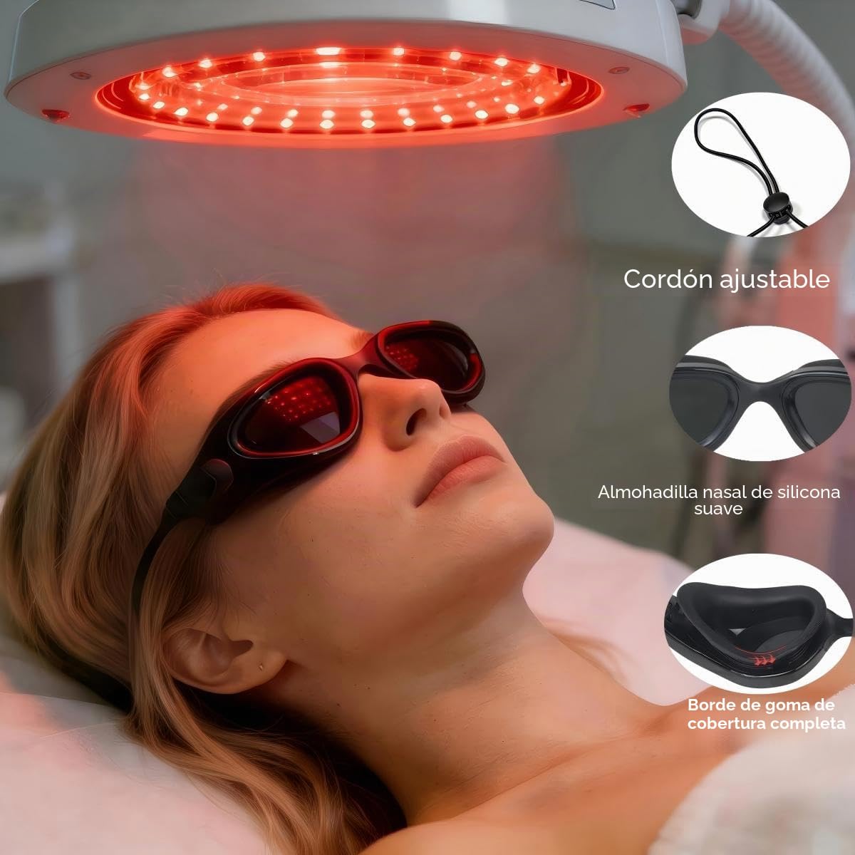 Gafas de protección para solárium 200–2000 nm, gafas de seguridad para IPL, LED y luz roja, lentes con cordón ajustable de 40 cm, incl. estuche y paño de limpieza