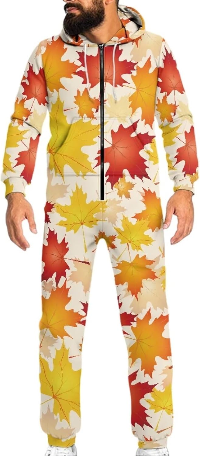 Fall Maple Leaf Adult Onesies Pajamas Women Men Costume Novelty Cosplay Sleepwear Long Sleeves Plus Size Cozy Loungewear with Pockects