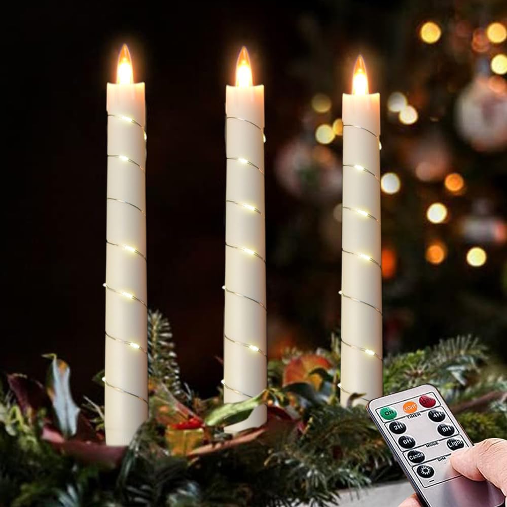 Da by 3 Pcs Flickering Flameless Battery Operated Taper Candle-Window Candles with Remote and Time-LED 3D Dynamic Flame-9.6 Inches for Wedding, Party,Home Decoration-Ivory