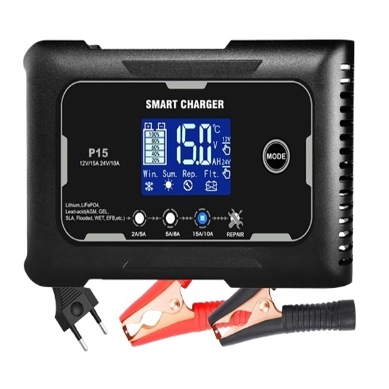 10/15/20A 12V/24V Chargeur De Batterie Intelligent LCD Charge De Réparation D'impulsion Automatique for Voiture Moto Chargeur De Batterie Batterie Au Lithium Au Plomb(Color:15A)