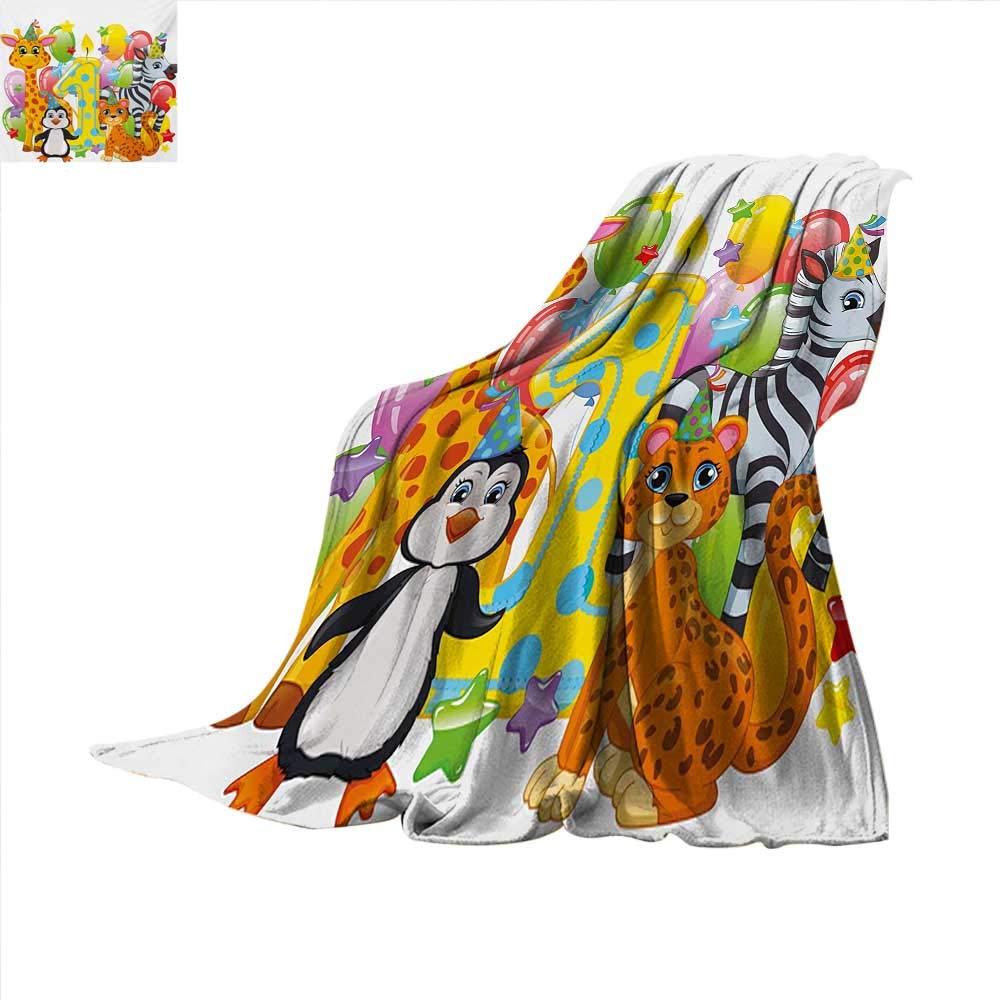 1st Birthday Throw Blanket Kids Party with Baby Safari Animals Zebra Lion Balloons Backdrop Colorful Warm Microfiber All Season Blanket for Bed or Couch 50 x 30 inch Multicolor