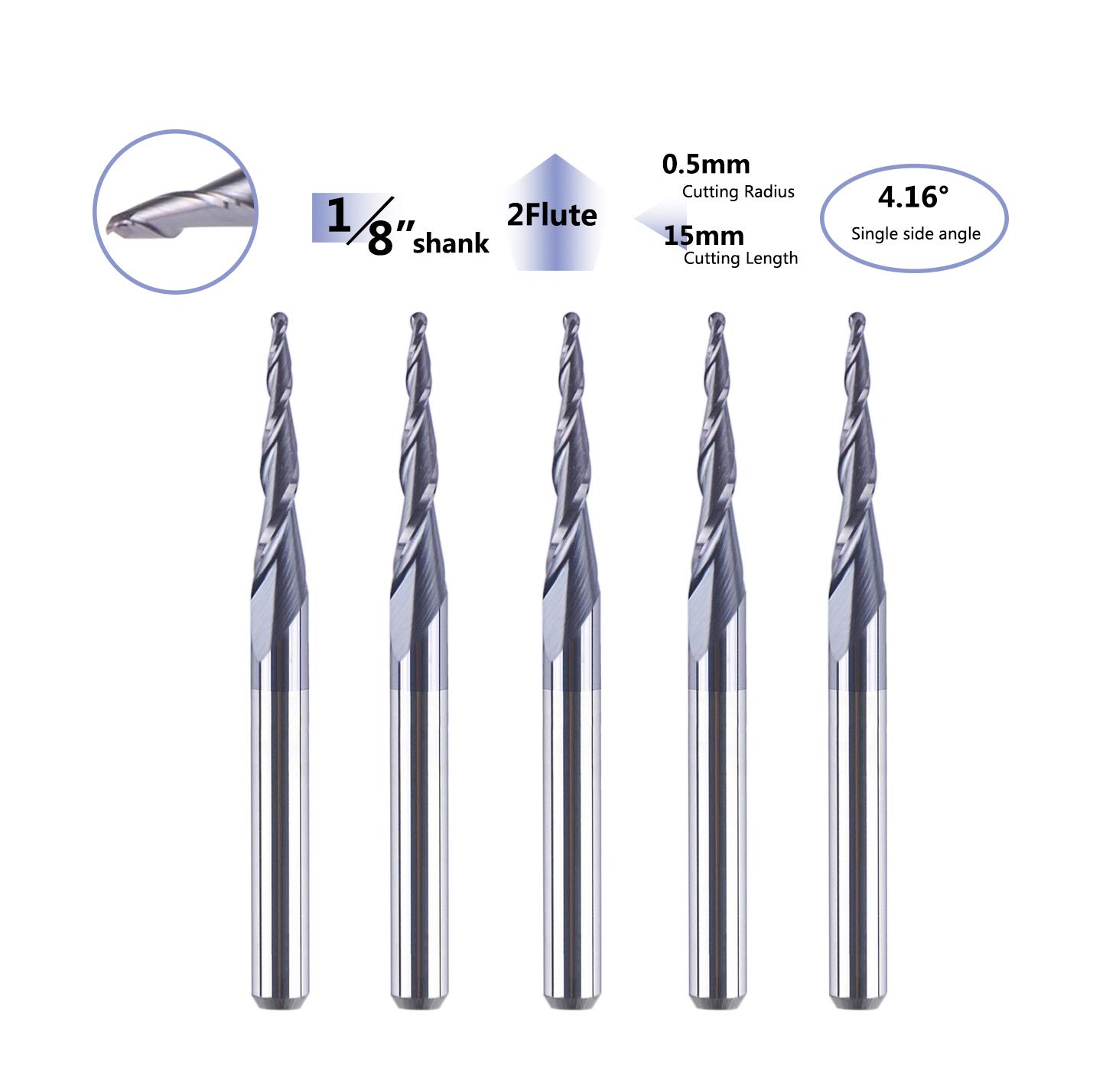 SpeTool 5 Stück/Packung konischer Kegel, 1/8 Schaftfräser, 0,5 mm Schneidradius (1,0 mm Durchmesser), 3D-Holzgravur, CNC-Fräser-Bits