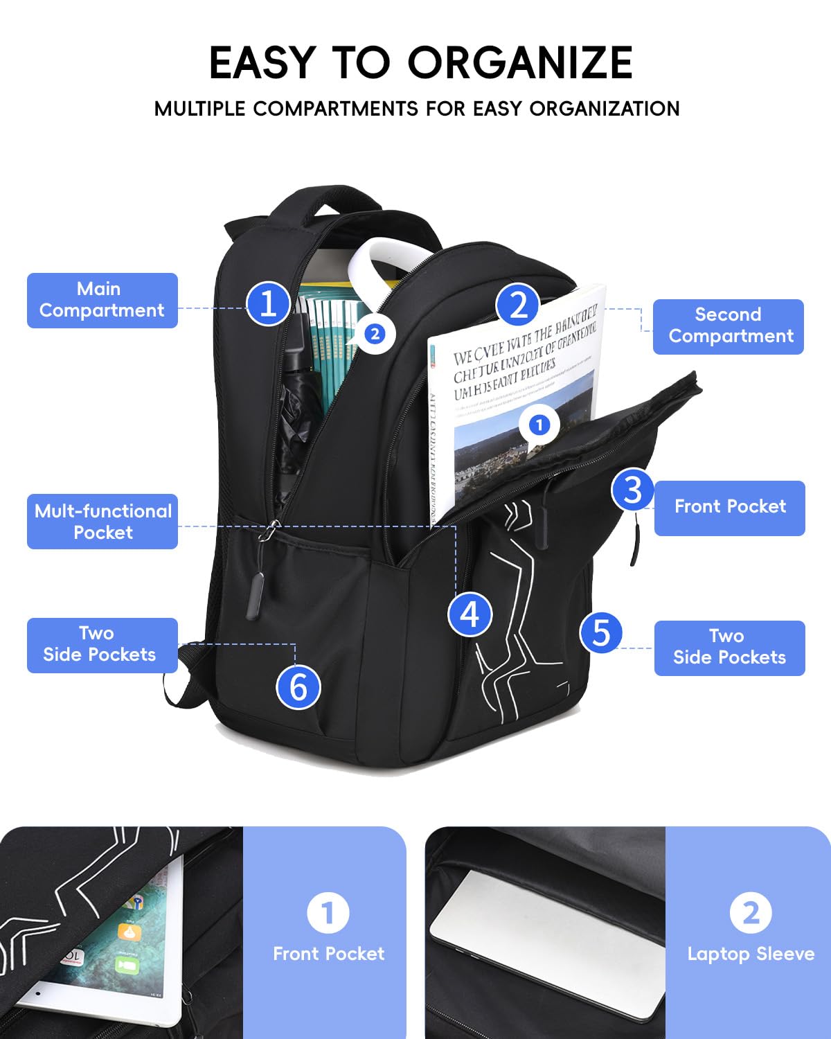 Amythe Schulrucksack Jungen Teenager Großer Kapazität 28L, Rucksack Junior mit Laptopfach für Mittelstufe Oberstufe Universität, Wasserdicht Schulranzen für Schule & Freizeit, Schwarz