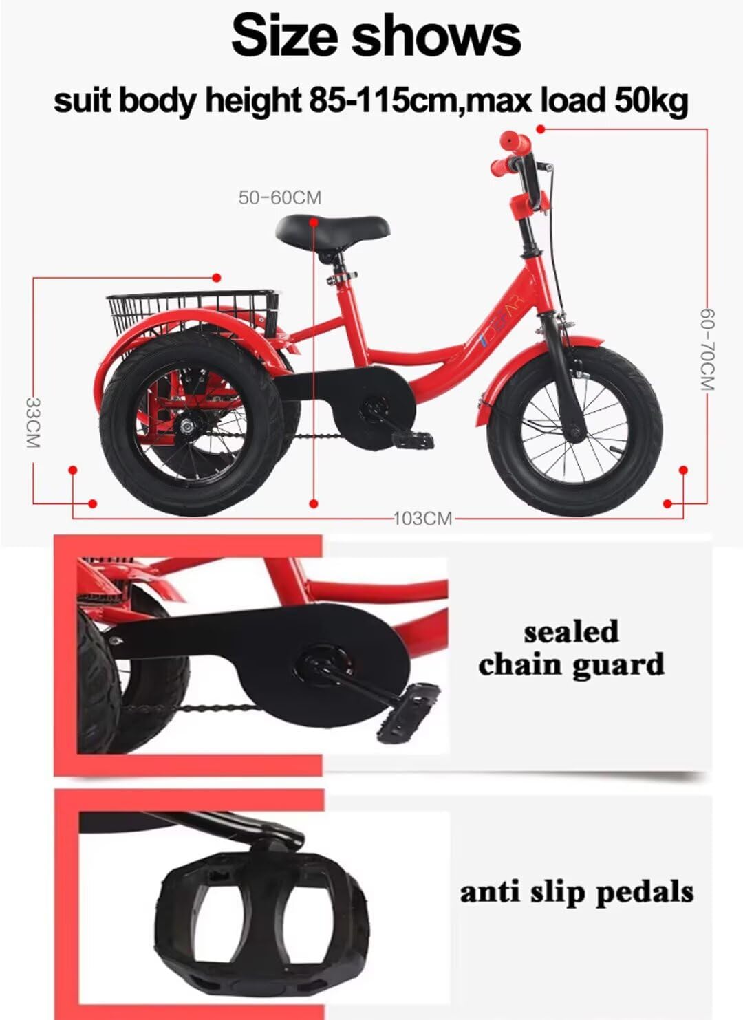 12 Inch Tricycles, Cruiser Tricycle with Foot Pedals, Front Wheel Claw Brake, 3 Wheels Bicycle with Basket Back, Pneumatic Tyres Spoked Wheels, Rickshaw Tricycles