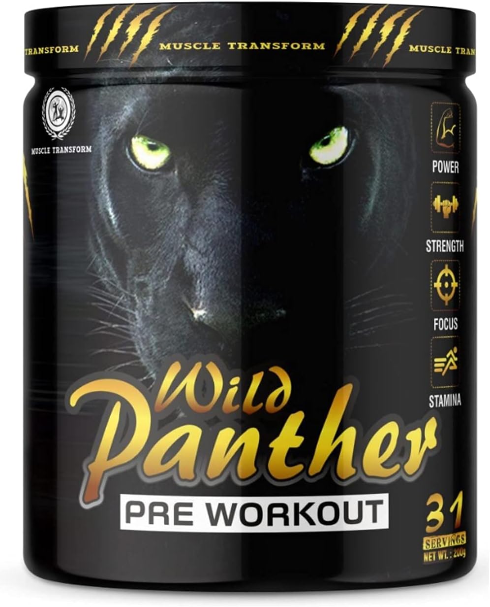 MUSCLE TRANSFORM Wild Panther Hardcore Pre-Workout Supplement with Creatine Monohydrate, Arginine AAKG, Beta-Alanine, Powerful, Explosive & Intense Muscle Pump | Lean Muscles Building | Strength | Mental Focus | Energy | Next Generation Preworkout Formulation Caffeinated - For Men & Women [31 Servings - Mix Berries]