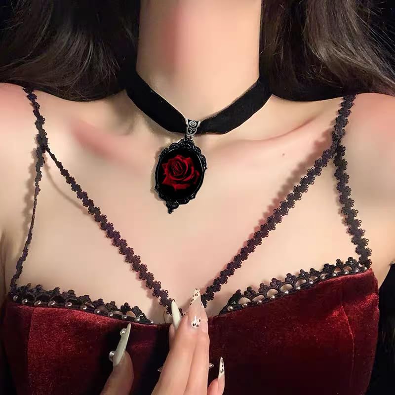 Dark Red Rose Flower Black Velvet Choker Necklace for Women Gothic Vintage Victorian Crystal Pendant Collar Necklaces Statement Sexy Cameo Punk Witch Vampire Steampunk Neck Cosplay Jewelry Party3