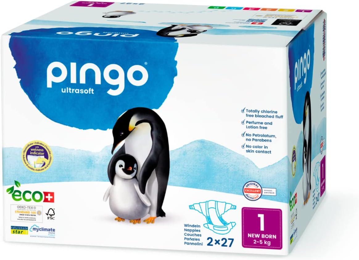 Pingo Organic Nappies Size 1 New Born (2-5 kg) Box of 2 x 27