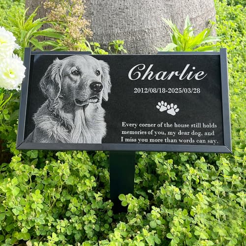 Personalized Engraved Pet Memorial Stone - Custom Granite Grave Marker for Dogs Cats - Heartfelt Outdoor Garden Tombstone with Photo In Loving Memory Keepsake Gift for Loss of Beloved Dog or Cat