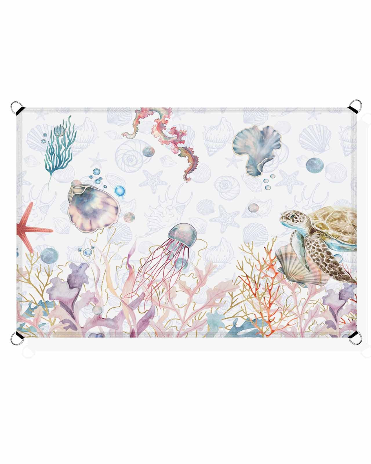 Boanket Sun Shade Sail 6.5' x 10', Coastal Sea Turtle UV Block Sun Sails Shades for Outdoor Decor, Summer Beach Nautical Starfish Coral Shade Cloth for Patio Deck Terrace Garden Lawns Beach Backyard