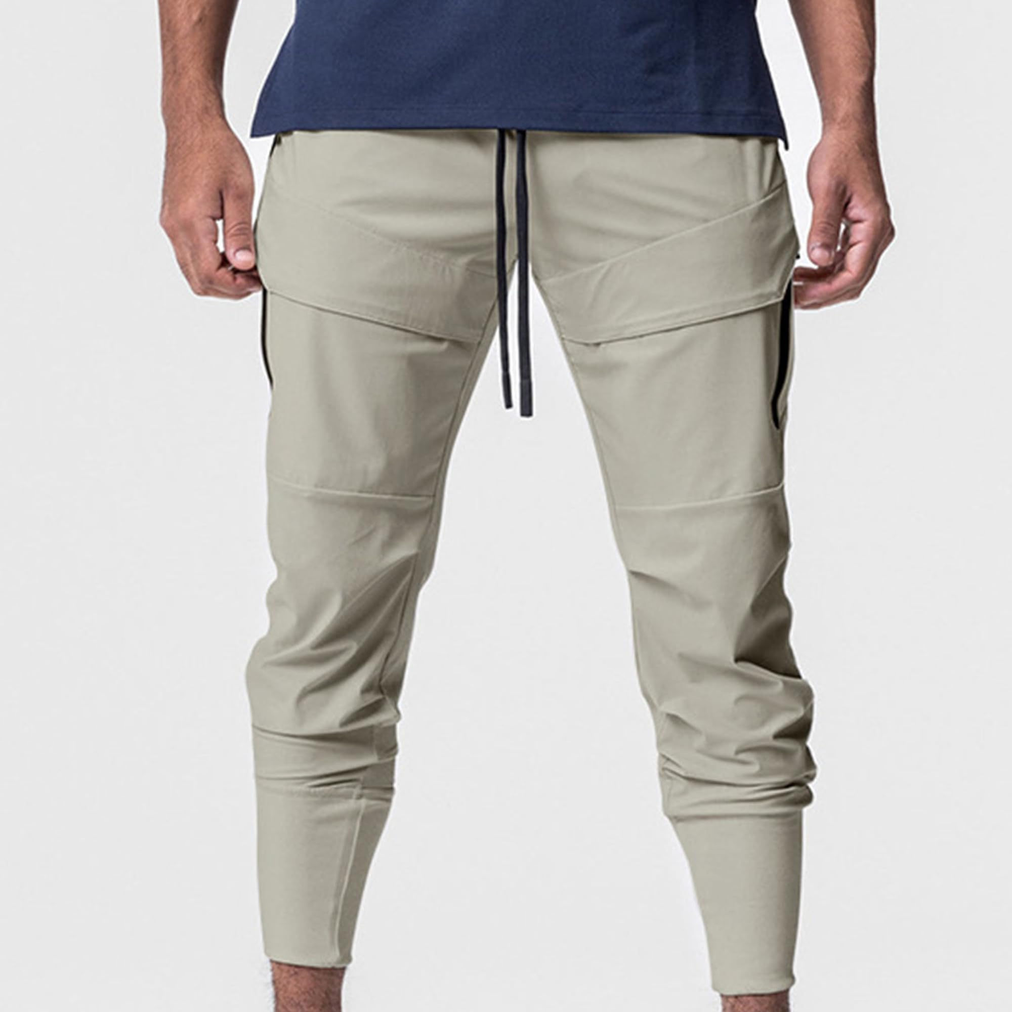 Maiyifu-GJ Men's Multi-Pocket Drawstring Toe-Binding Overalls Pants Sports Jogging Fitness Trousers Mid-Waist Feet Slacks (Apricot,Medium)