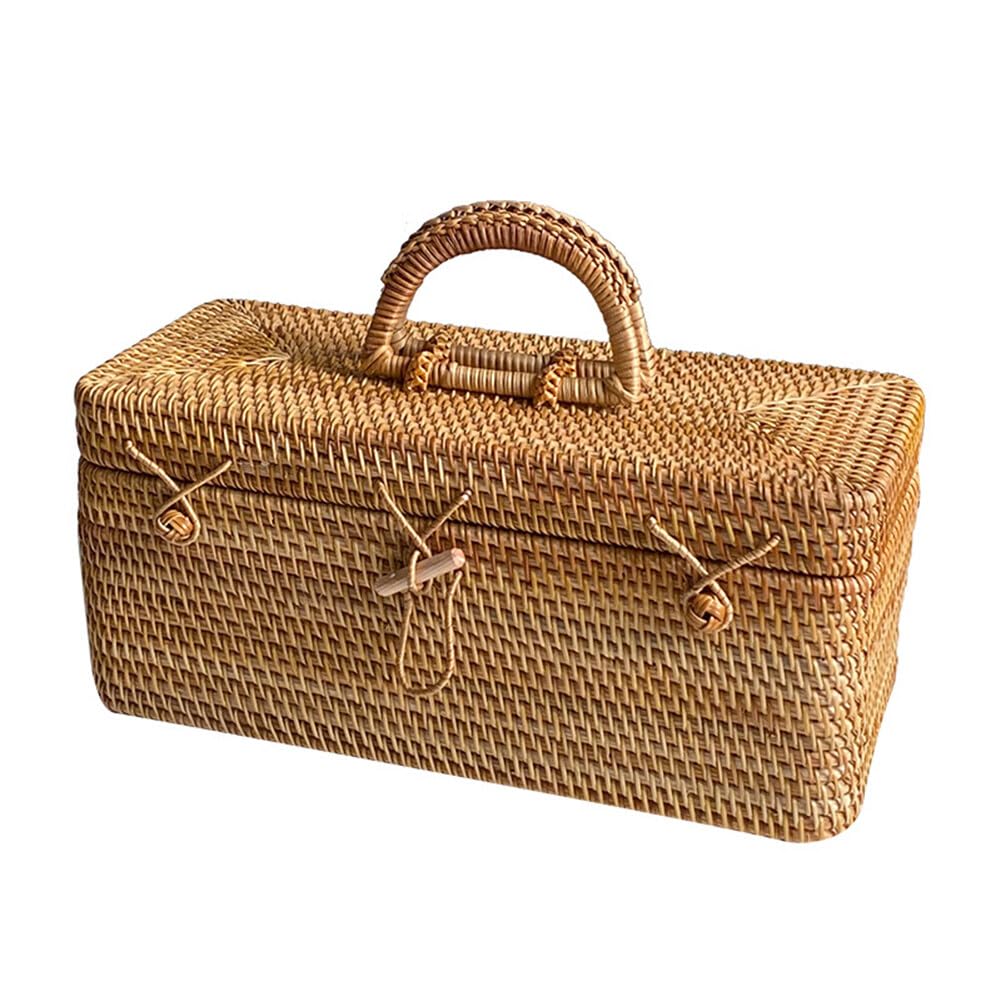 Wicker Suitcase Picnic Basket, Wicker Suitcase Basket with Liner, Wicker Rattan Storage Box with Handles, Vintage Rattan Handbag for Camping, Picnic