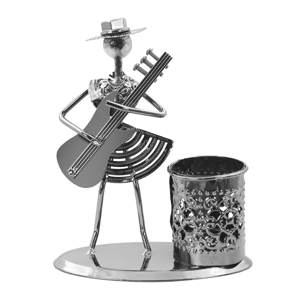 BoerniIron Art Guitar Pen Container Holder,Metal Music Pencil Cup Pot Storage Organizer Retro Pencil Holder Container Musician Player Figurine Ornament for Home Office Desktop Stationery Gift