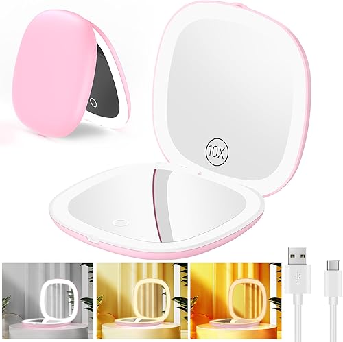 Gospire Espejo de maquillaje de viaje recargable de 3.9 pulgadas con luces y aumento 10X, 3 colores de luz y brillo ajustable, cierre magnético y