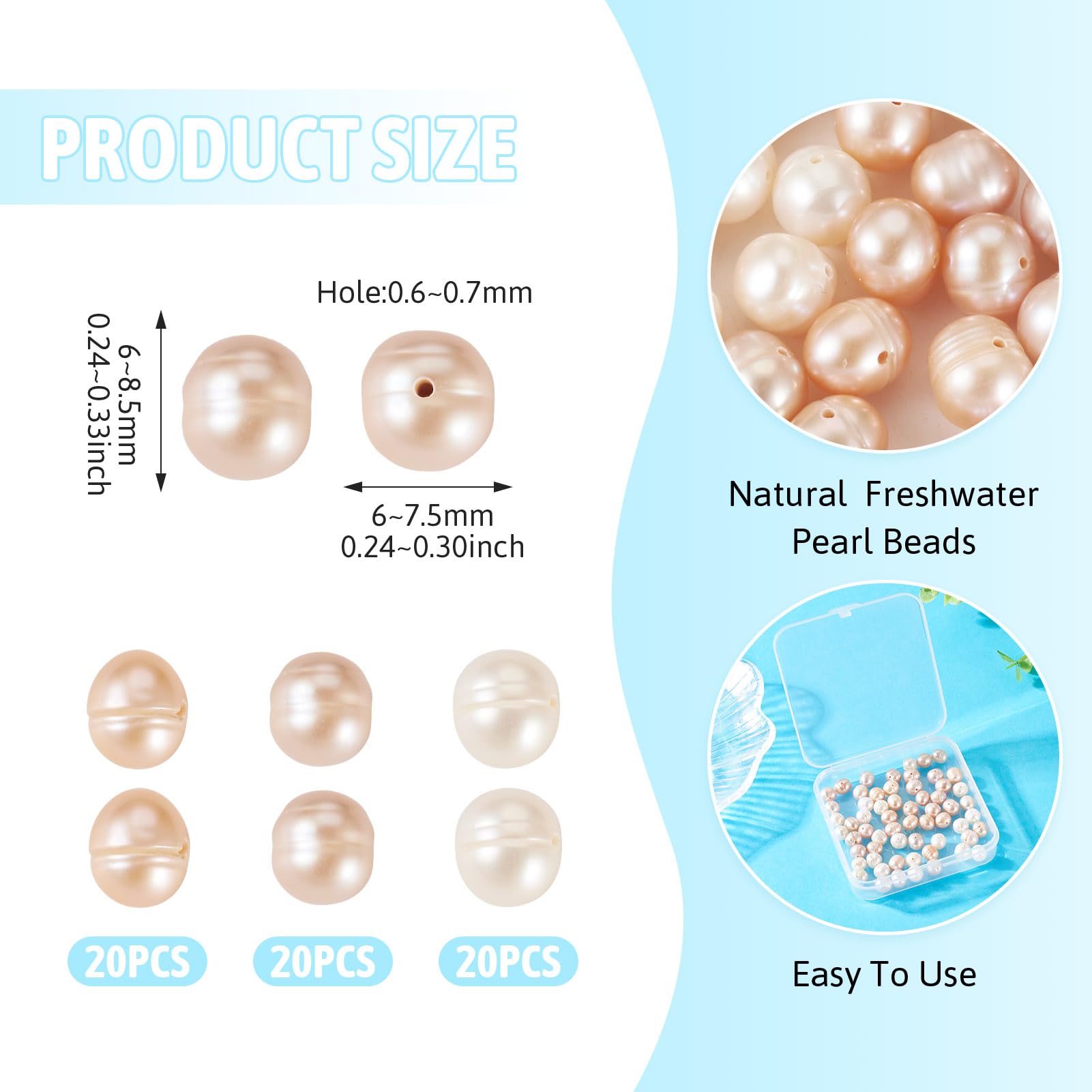 Beadthoven 60pcs Natural Cultured Freshwater Pearl Beads 6-8.5mm Grooved Potato Shape Pearl Beads for DIY Necklace Bracelets Wedding Jewelry Making - Image 2