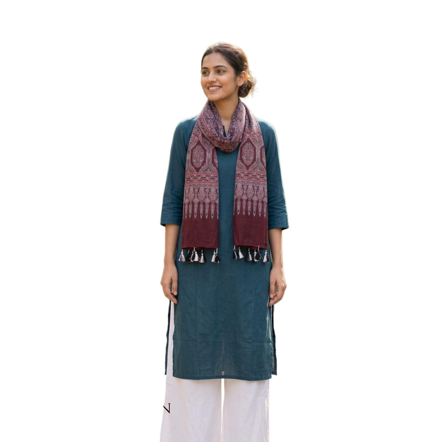 Ajrakh Print Cotton Stole with Tassels, Traditional Ethnic Stole Scarf for Women, 226 x 52 cm-image-1
