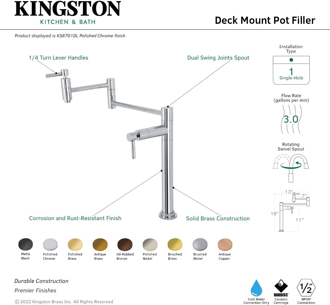 Kingston Brass KS8707DL Concord Deck Mount Pot Filler, Brushed Brass