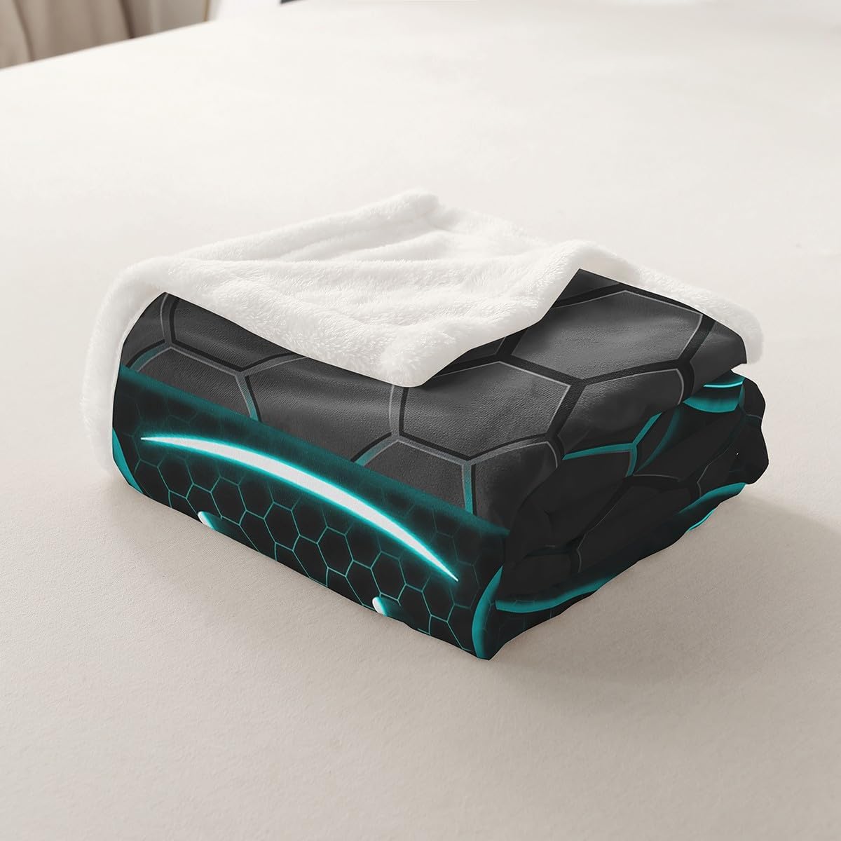 Erosebridal Teal Gamer Sherpa Blanket Gaming Twin 60"X80" Fleece Bed Blanket for Kids Boys Girls,Neon Turquoise Geometric Honeycomb Throw Blanket for Couch Sofa Video Game Flannel Blanket Soft Warm