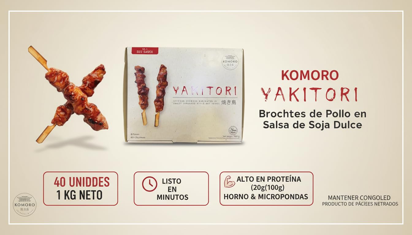 Komoro Oriental Bites Yakitori de Pollo Marinado en Salsa de Soja Dulce Estilo Japonés, 40 Brochetas 25g (1kg), Envío Refrigerado, Halal