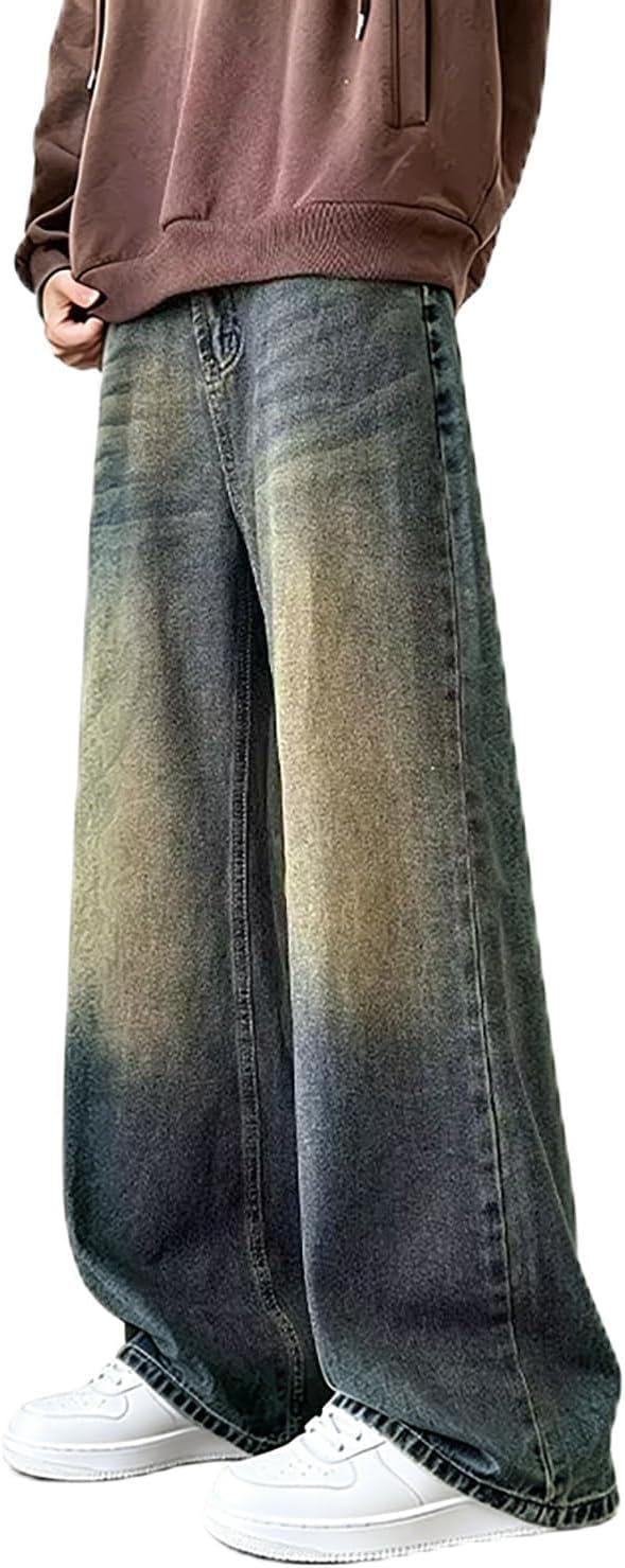 Mens Wide Leg Jeans Baggy Hip Hop Pants Y2k Loose Fit Denim Jeans Skater Trousers Streetwear