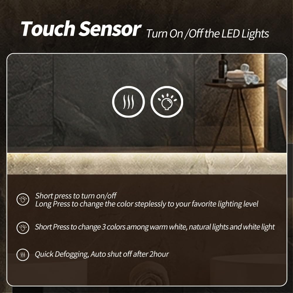 Espejo de baño LED 70 x 90 cm con marco de aluminio, retroiluminado, antivaho, 3 temperaturas de color, intensidad regulable en continuo, función de memoria, cristal plateado sin cobre, 5 mm