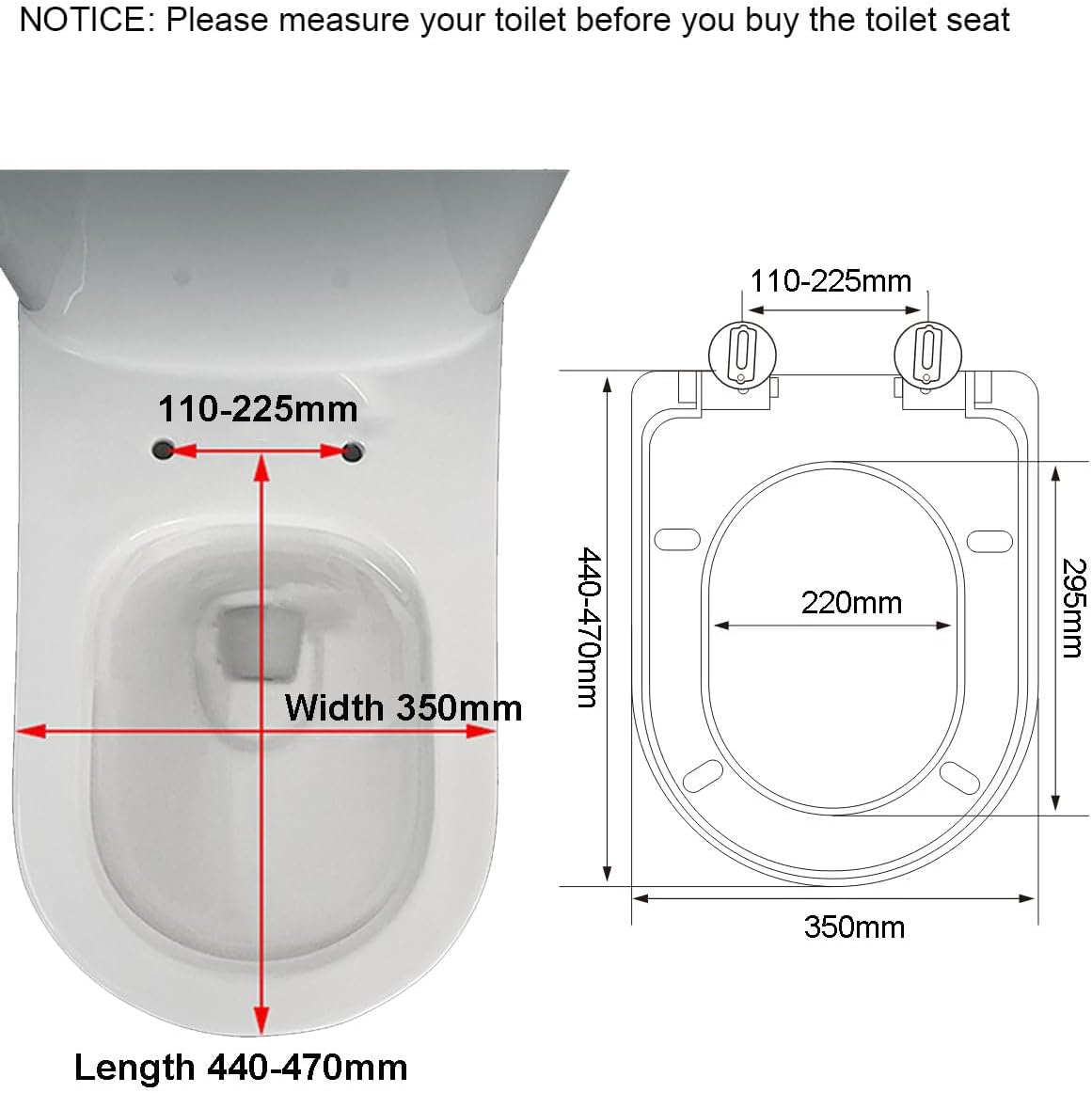 Adjustable Hinge White D Shape Soft Close Toilet Seat - Quick Release, Easy Cleaning, 34 * 42cm