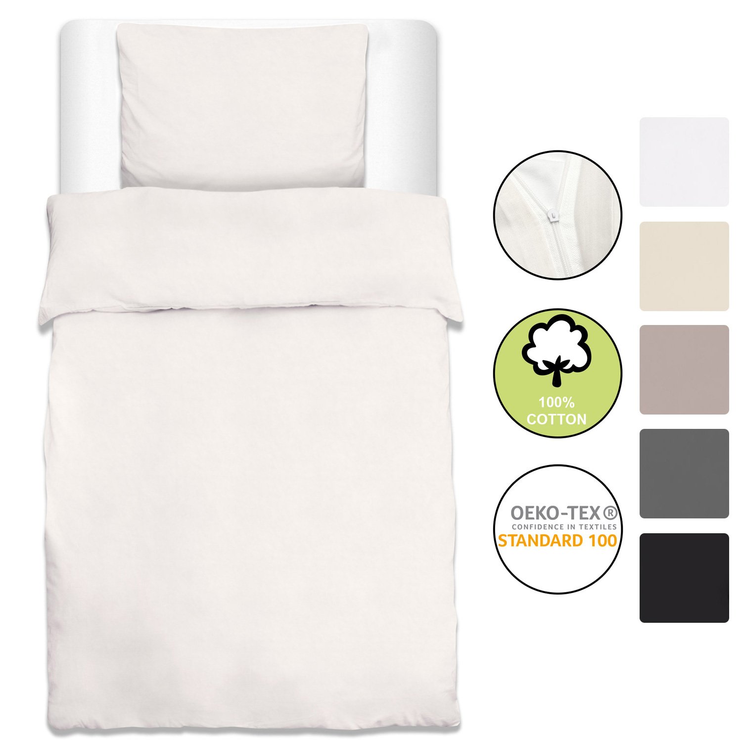 Beautissu Set di 2 copripiumino biancheria da letto singolo in 100% cotone | 135x200 bianco federa cuscino 80x80 dotato di cerniera renforcé Julie