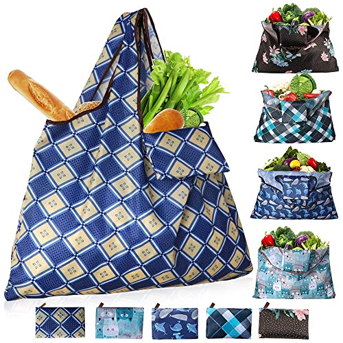 Ravmix 5-Pack Reusable Shopping Bags Foldable 55LBs XX-Large Shopping Bags Heavy Duty Washable Shopping Bags for Groceries Ripstop with Wide Handle Fits in Purse, Alpaca Blossom Leaf Pattern