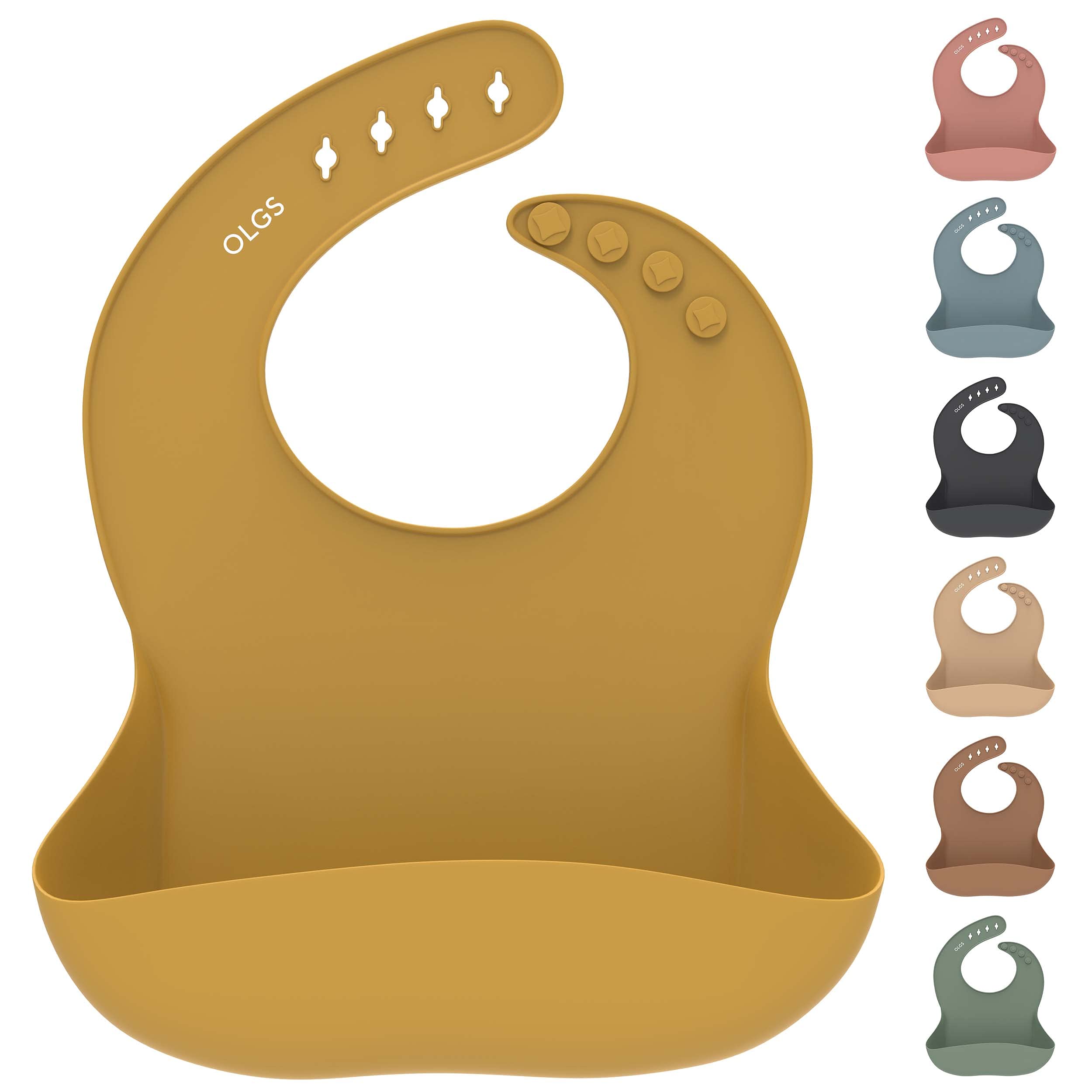 OLGS Silikon Lätzchen Baby Fütterlätzchen Babylätzchen mit Auffangschale | Silikonlätzchen für Jungen, Mädchen | BPA-Frei & Wasserdicht, Abwaschbar Mustard | Ergonomisch, Babylatz Latz für Kleinkinder