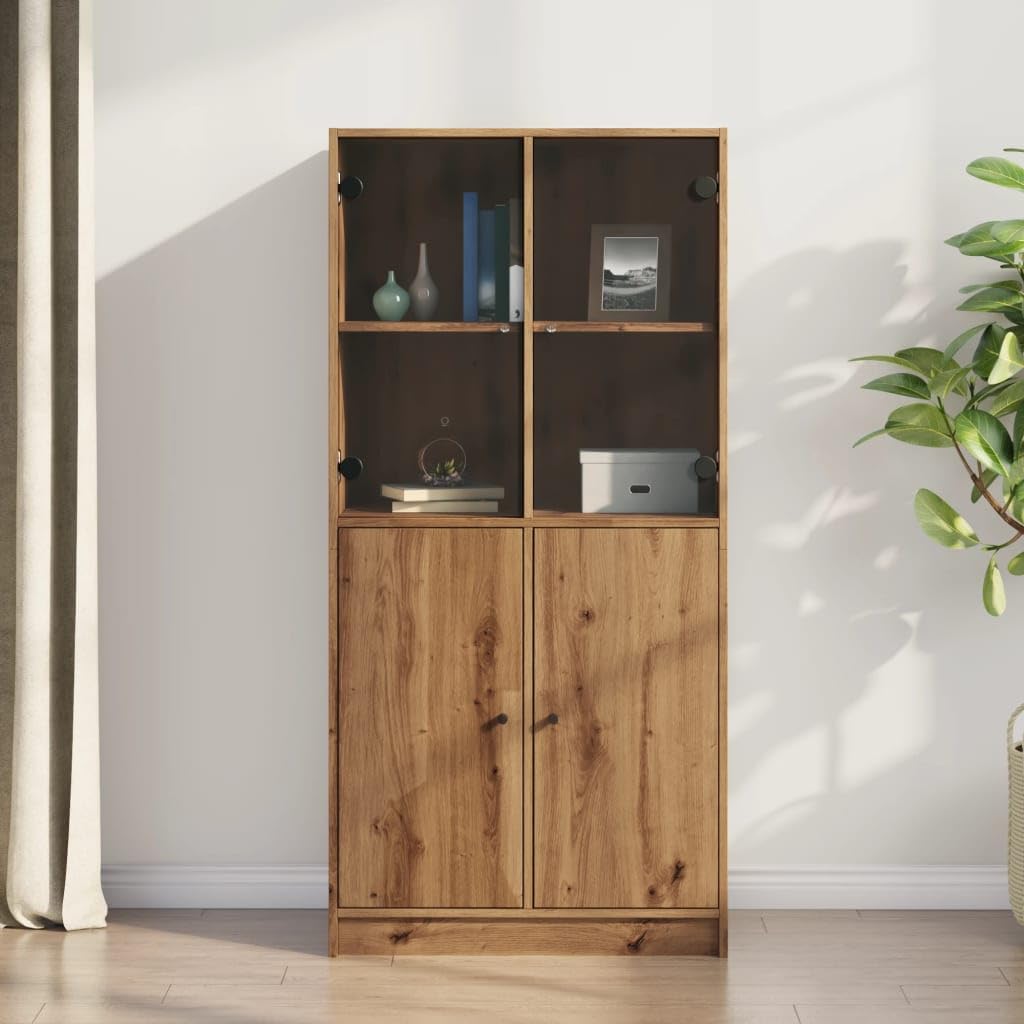 Homgoday Armario alto con puertas, armario multiusos para salón, roble Artisan, 68 x 37 x 142 cm, material de madera