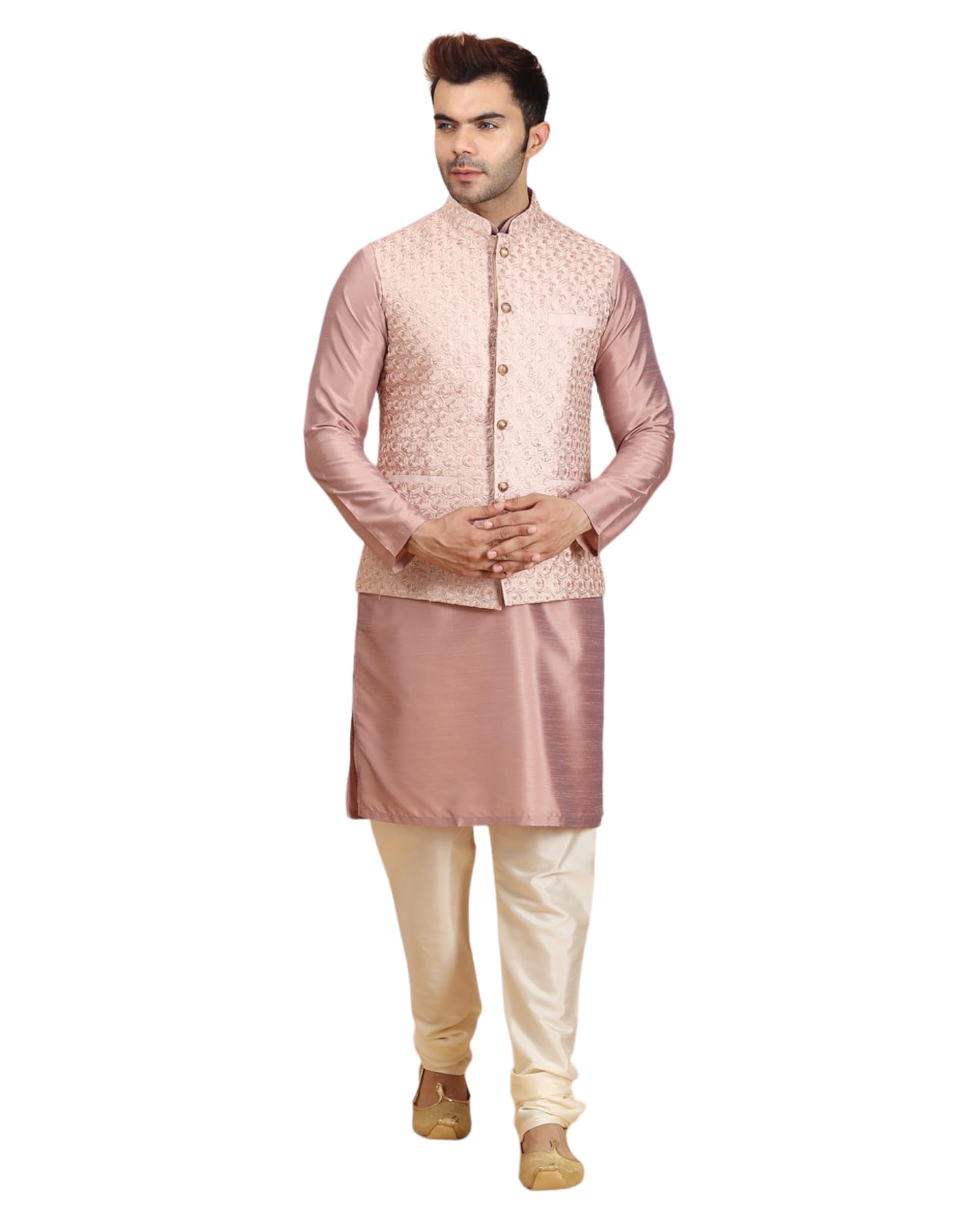 Men Silk Blend Kurta Jacket Set with Mandarin Collar