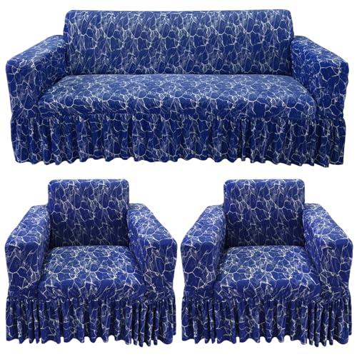 Image of Gifts Island Sofa Cover Set Marble Design 5 Seater Fully Covered Universal Polycotton Spandex with 360 Frill Non-Slip Sticky Elastic Stretchable Sofa Slipcover for Livingroom (Royal Blue)