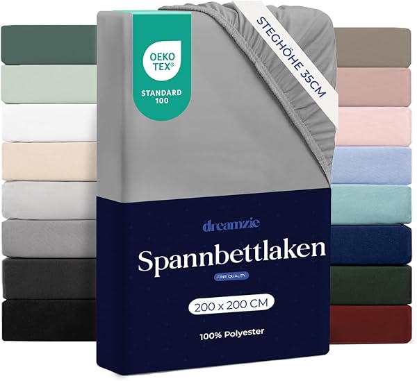 Dreamzie - Spannbettlaken 200x200 | Mikrofaser Weich – Für Dicke Matratzen – Oeko-Tex | Komfort, Atmungsaktivität, Pflegeleicht – Grau - 1
