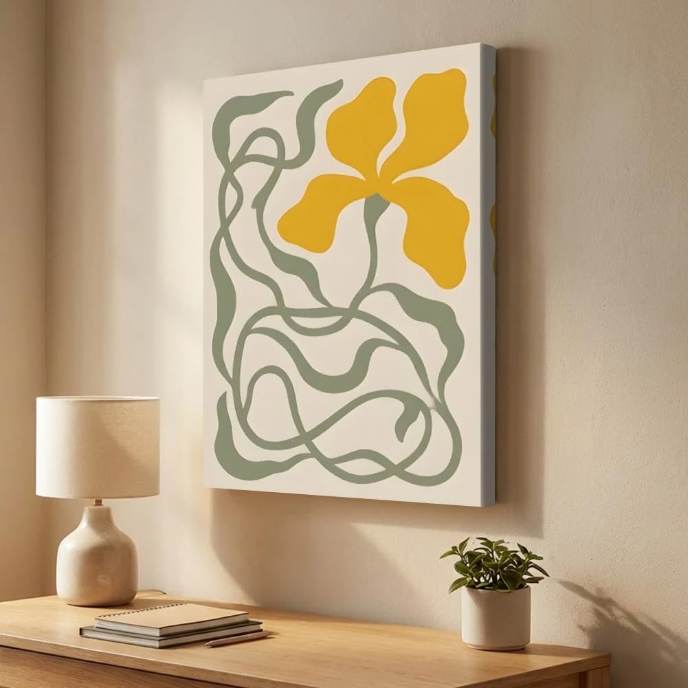 1 cuadro abstracto de flores amarillas con líneas verdes, ideal para la decoración del hogar (60x80cm/sin marco).