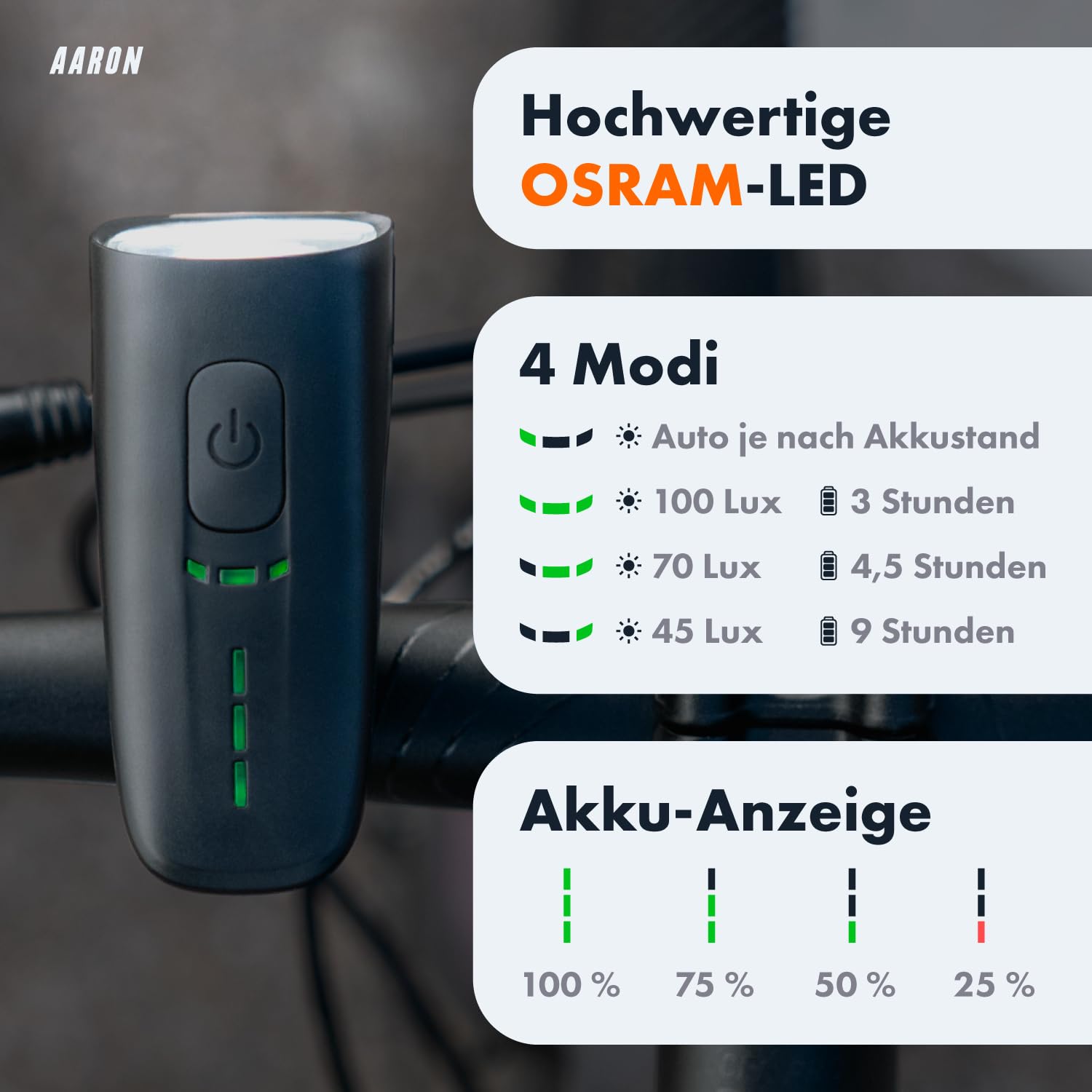 AARON Fahrradlicht Set 100 LUX / 50 LUX für Stadtpendler & E-Bike-Fahrer, StVZO zugelassen, USB aufladbar, Fahrrad Licht Set regenfest - Fahrradbeleuchtung - Beleuchtung Fahrrad für vorne + hinten