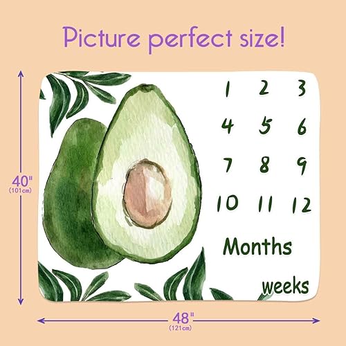 Miniatura 2 de PHMOJEN BTXTPH378 - Manta mensual de hitos de aguacate para bebé, acuarela, frutas verdes, hojas tropicales, globos, tabla de crecimiento, 48 x 40