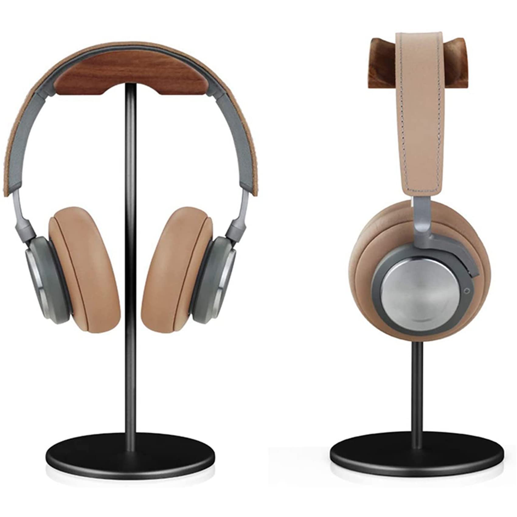 2X Supporto per Cuffie, Supporto per Cuffie nel Legno di Noce E Alluminio, Supporto per Cuffie da nel Noce Naturale con Base Pesante