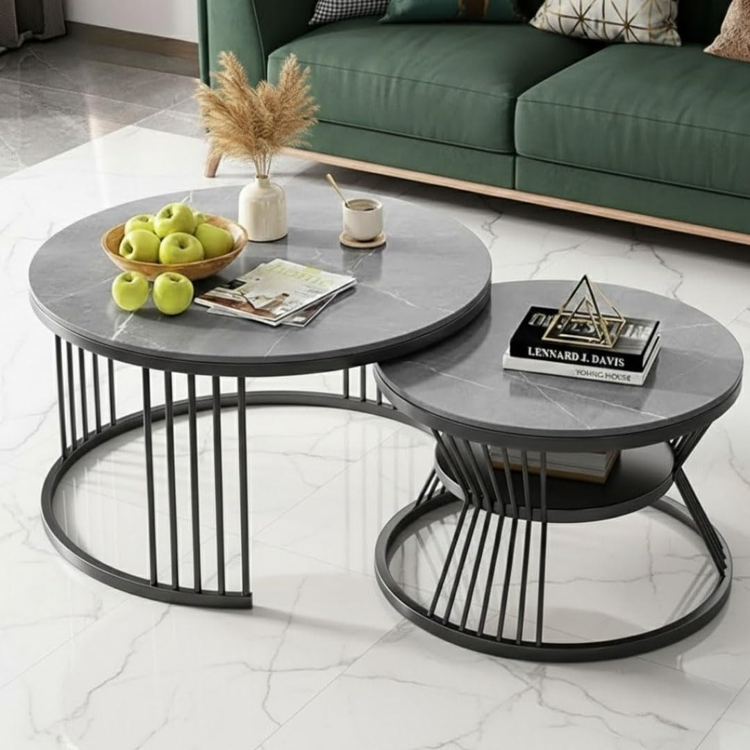 Modern Nested Coffee Table Set of 2 | Round Marble Finish Tabletop with Metal Base | Luxury Center Table for Living Room, Lounge & Office (Black Grey)-image-33