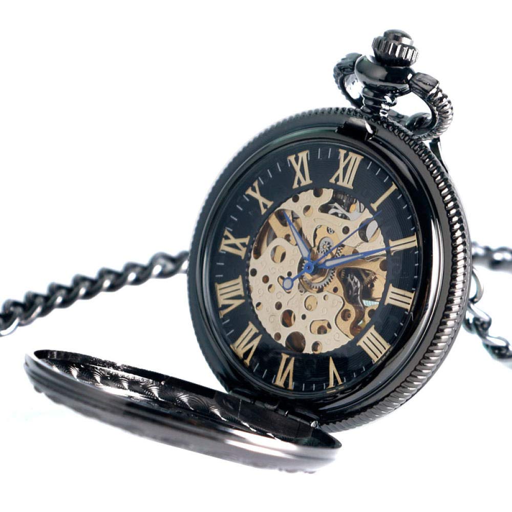 Pocket Watch Schwarze stilvolle Vintage Numerals Skeletthule hohl automatische mechanische Taschenuhr für Männer Frauen