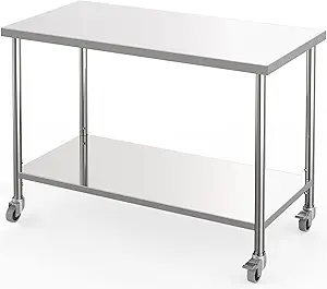Stainless Steel Table, 48" x 24" Prep Workstation, 1000 LBS, NSF Commercial Work Table with Adjustable Undershelf and Lockable Casters, for Restaurant, Home, Kitchen, Hotel, Outdoor