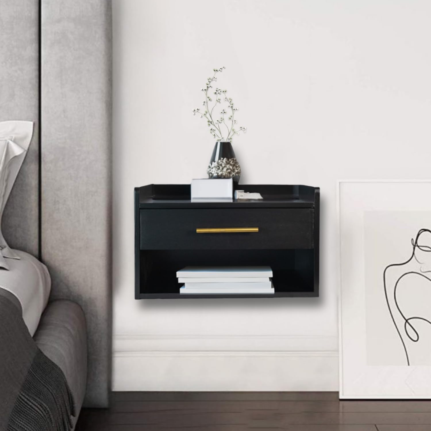Floating Nightstand with Drawer, Black Wood Finish, Modern Night Stand with Gold Hardware, Enclosed Drawer and Open Shelf, Easy Assembly & Install, Strong Bamboo with Top Shelf Edge Guard