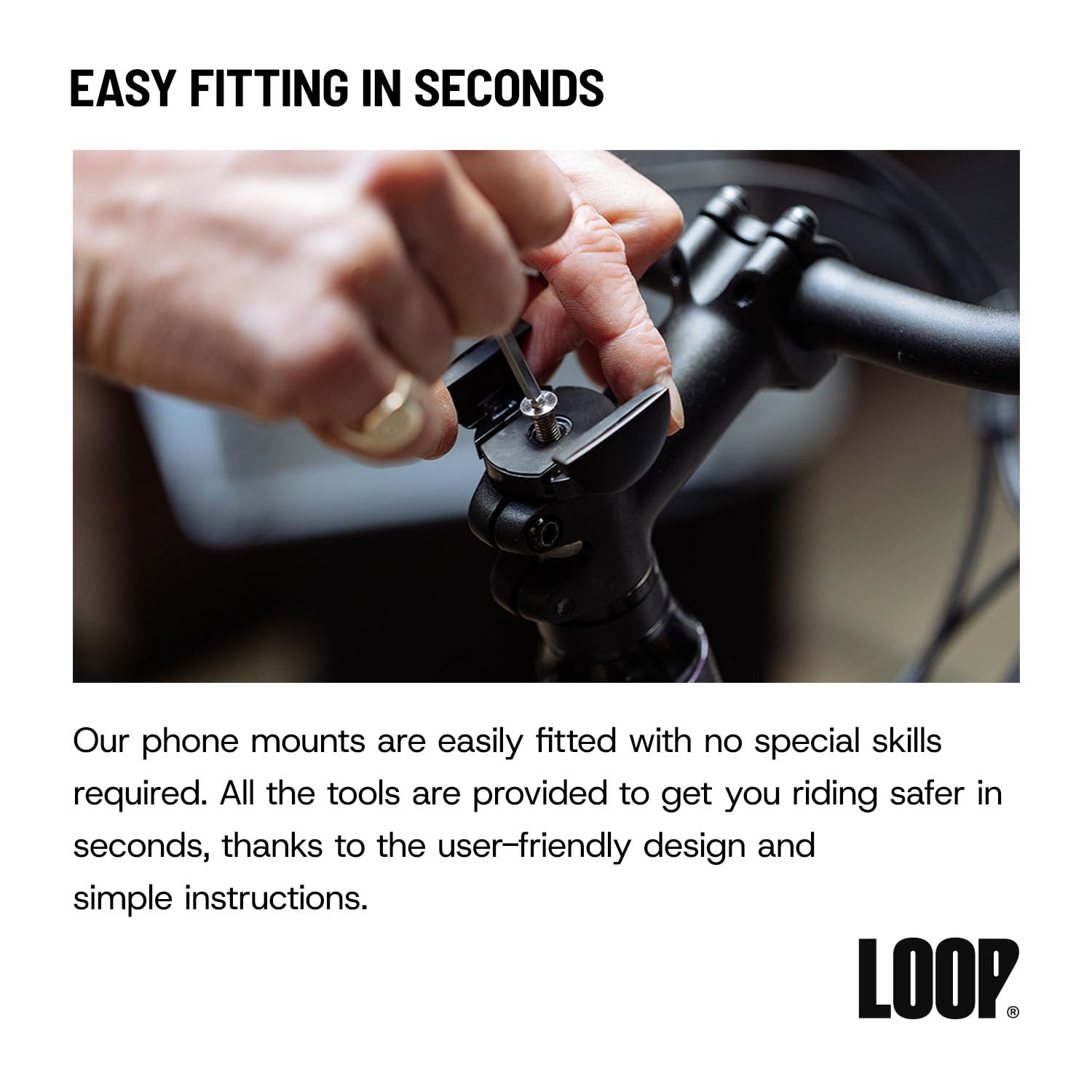 Loop Micro Mount – Supporto per telefono da bicicletta super compatto per iPhone e Samsung – Supporto per attacco manubrio in metallo, facile installazione, misura universale, integrazione senza