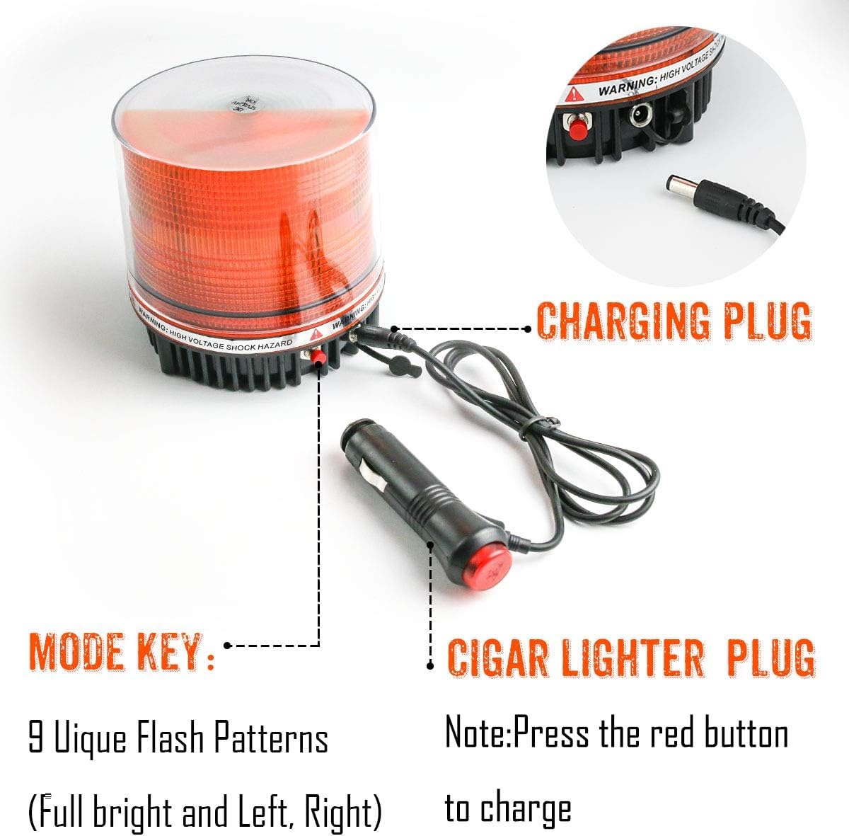 Torcia a LED senza fili ricaricabile – batteria arancione LED sul flash pericoloso lampada di avvertimento flash 12 V/24 V magnetica e presa di ricarica per camion veicolo (ambra)