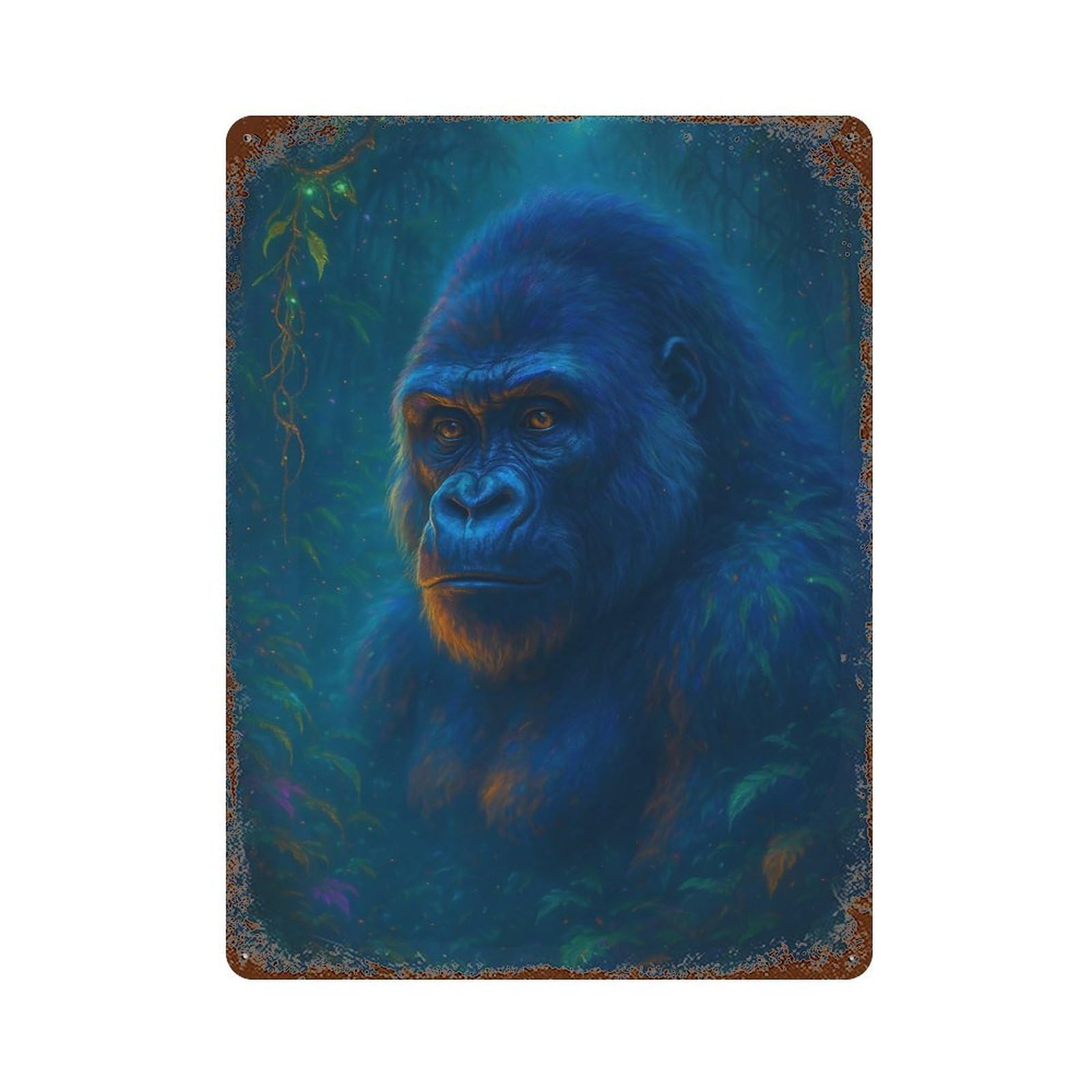 Distressed Metal Wall Sign Blue Gorilla in Jungle 15.7"x11.8", Old School Wall Decor for Bistro, Counter And Cafe Decor