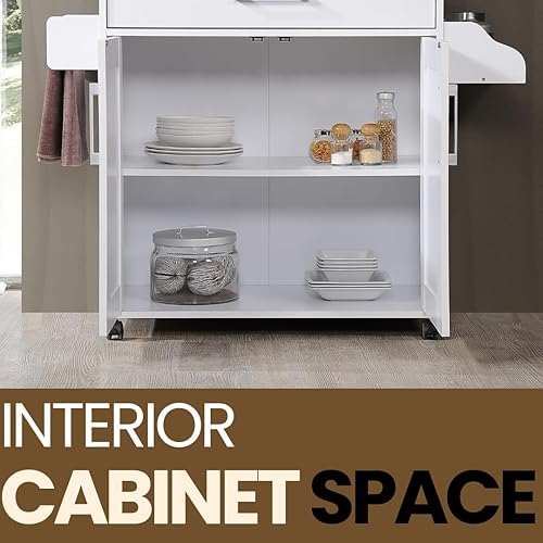 Miniatura 52 de Hodedah Carrito de isla de cocina de madera rodante con estante para especias, toallero, cajón de utensilios y gabinete, blanco con tapa de haya