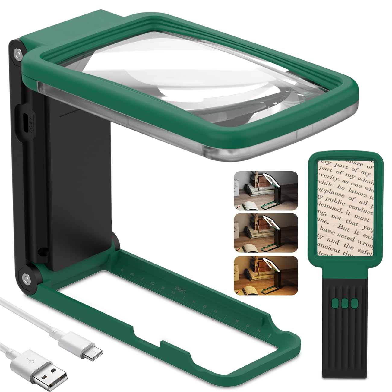 Coteck 15X Magnifying Glass with Light and Stand, Real Glass Lens, Rechargeable Foldable Handheld Magnifier, 3 Color Modes Dimmable Lighted Page Magnifier for Reading Fine Prints, Seniors, Green Black