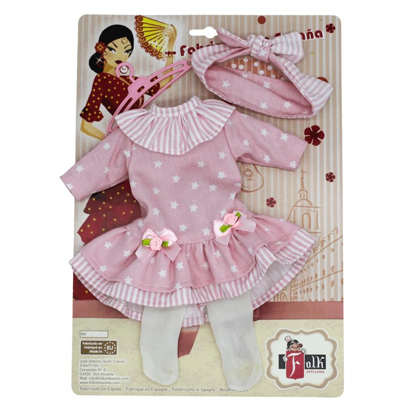 Set Ropa muñeca Folk Artesanía Vestido Rosa y Calcetines para muñecas colección Sintra, Simona, Mari's, Pepa's o Naia 41 cm